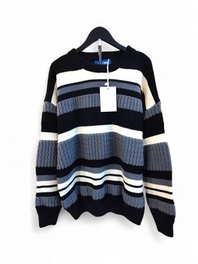 🆕 Aelfric Eden Striped Knit Sweater Mens Crewneck Size XL Black Grey